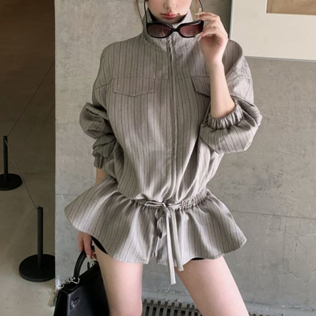 Beem-Stand Collar Striped Ruffle Zip Jacket
