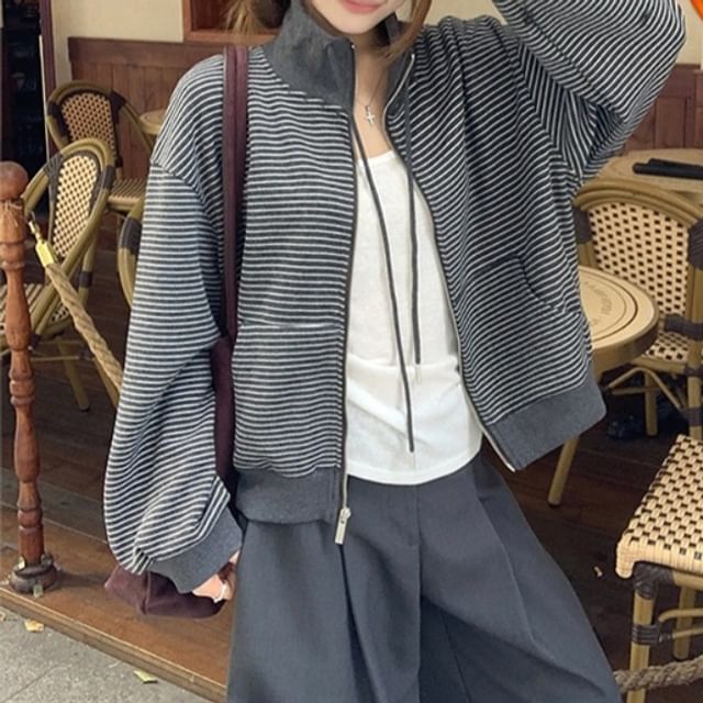 Beem-Stand Collar Striped Zip-Up Jacket