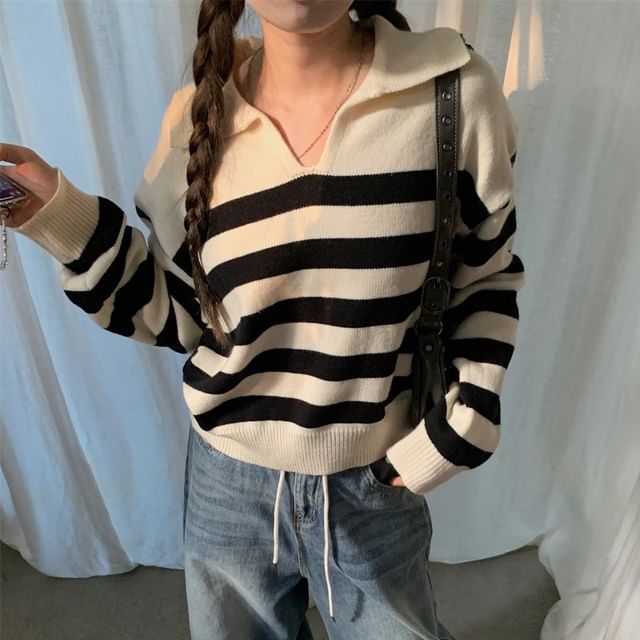 Beem-V-Neck Awning Striped Polo Sweater