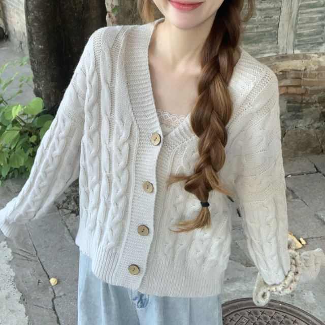 Beem-V-Neck Button-Up Plain Cable Knit Cardigan