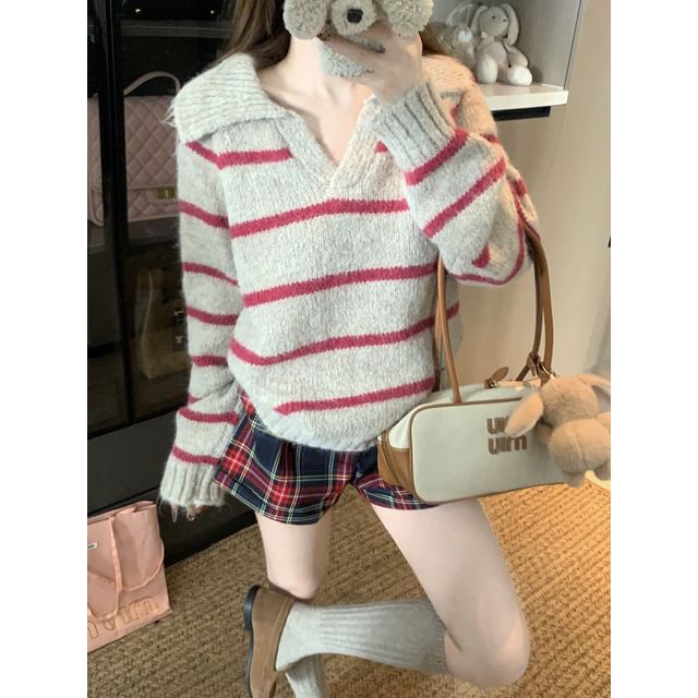 Beem-V-Neck Collared Striped Sweater