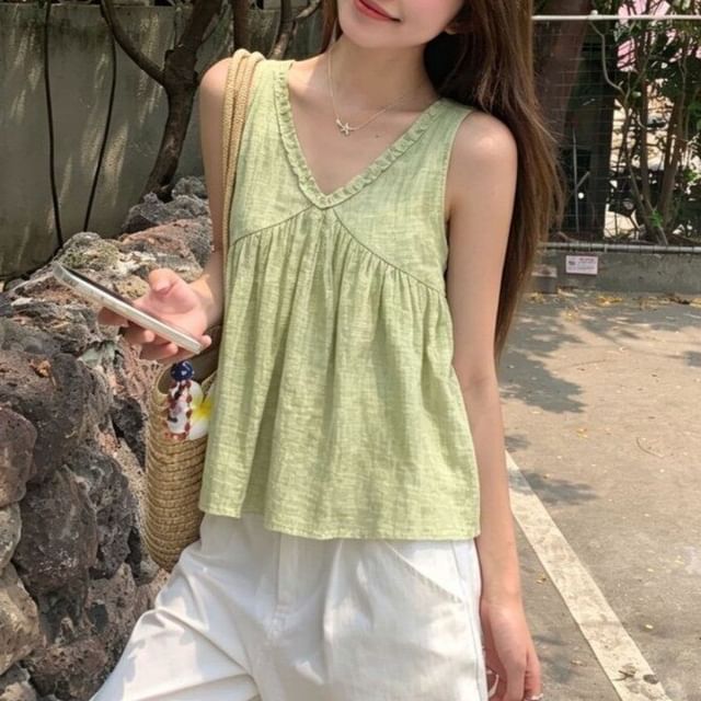 Beem-V-neck Plain Frill Trim Flowy Tank Top