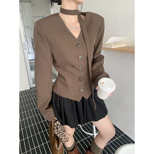 Beem-V-Neck Plain Single Breasted Blazer
