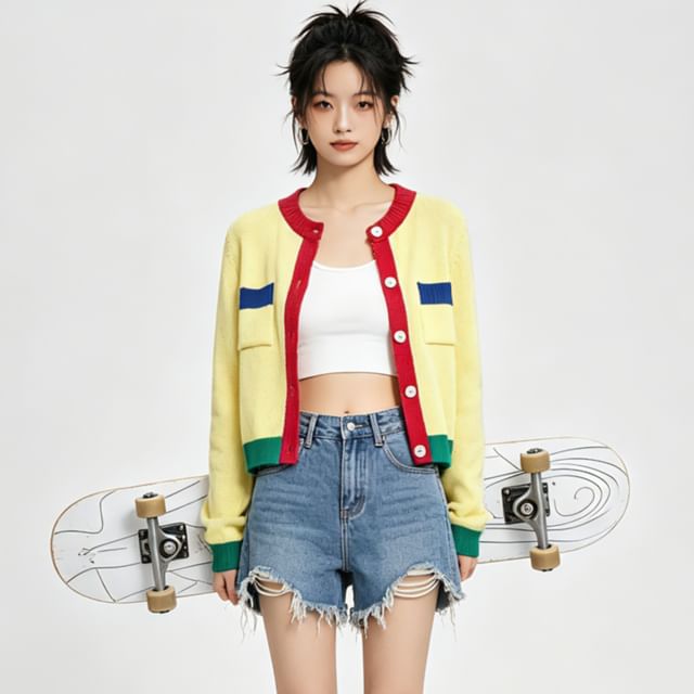 BERAN STUDIO-Crew Neck Color Block Button-Up Crop Cardigan