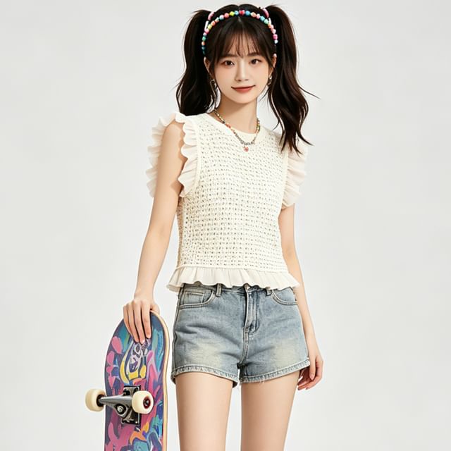 BERAN STUDIO-Crew Neck Plain Ruffle Trim Perforated Knit Crop Tank Top