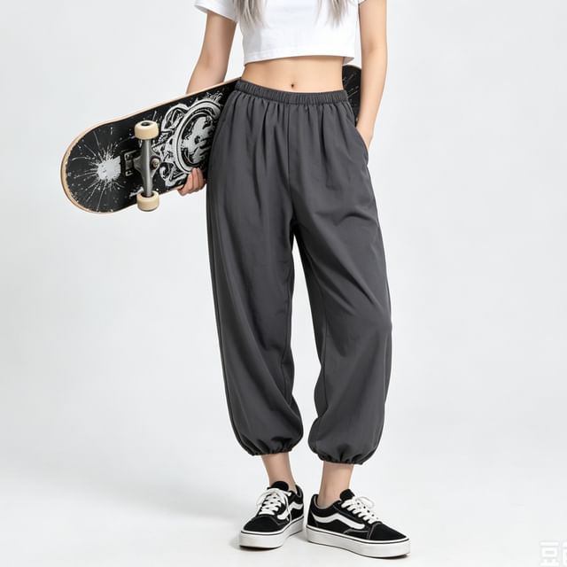 BERAN STUDIO-Elastic Waist Plain Cropped Harem Pants