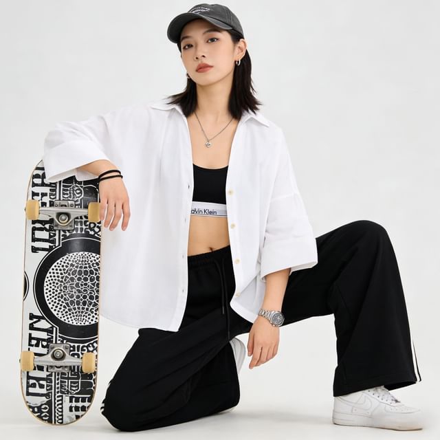 BERAN STUDIO-Flare-Sleeve Plain Crop Shirt