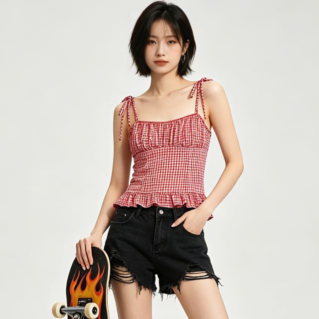 BERAN STUDIO-Gingham Shirred Camisole Top