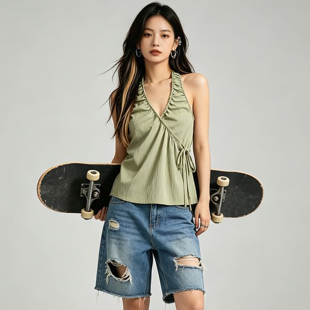 BERAN STUDIO-Halter Neck Ribbon Accent Plain Crop Top