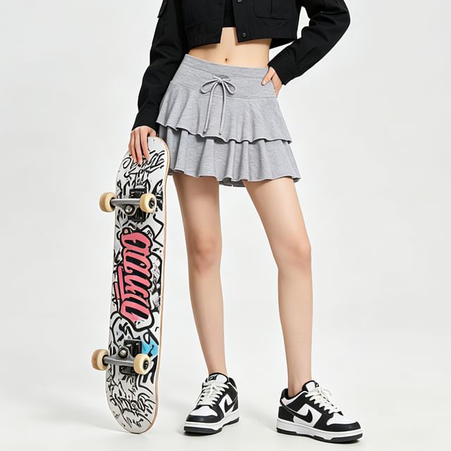 BERAN STUDIO-High Waist Plain Mini A-Line Layered Skirt