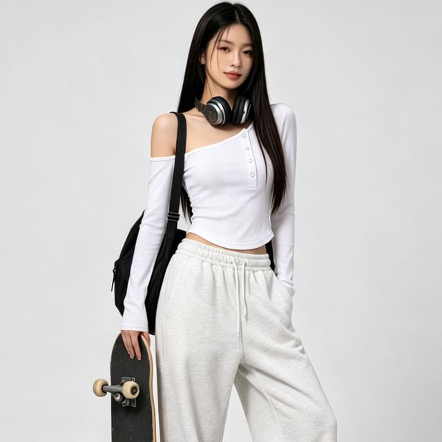 BERAN STUDIO-Long-Sleeve Henley Asymmetrical Plain Crop Top