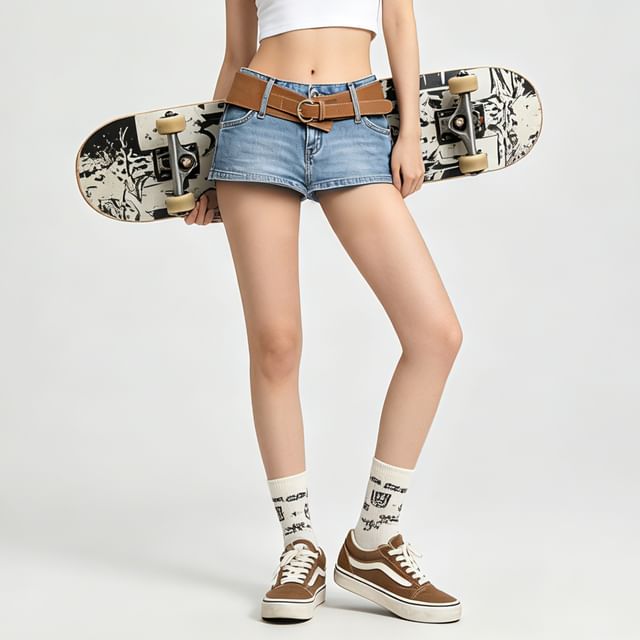 BERAN STUDIO-Low Rise Washed Denim Hot Pants