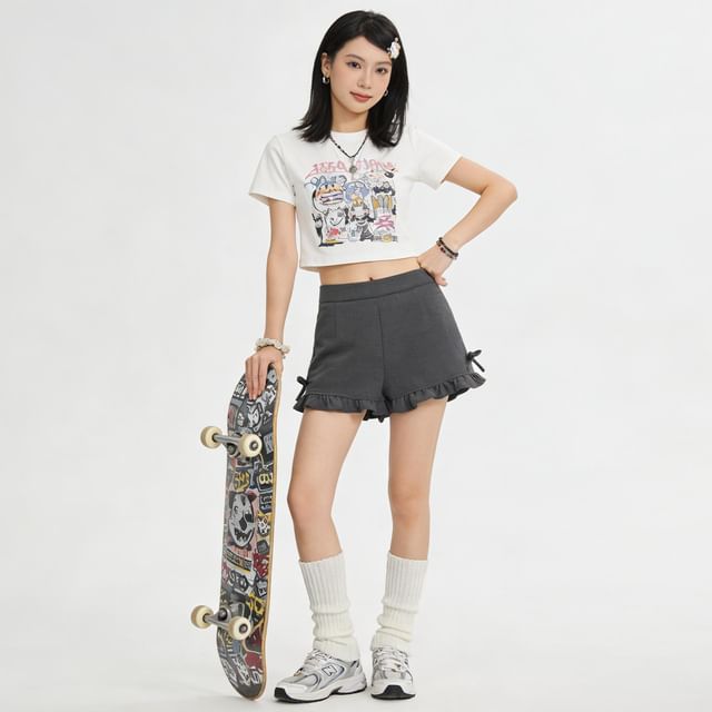 BERAN STUDIO-Low Waist Frill Trim Plain Shorts