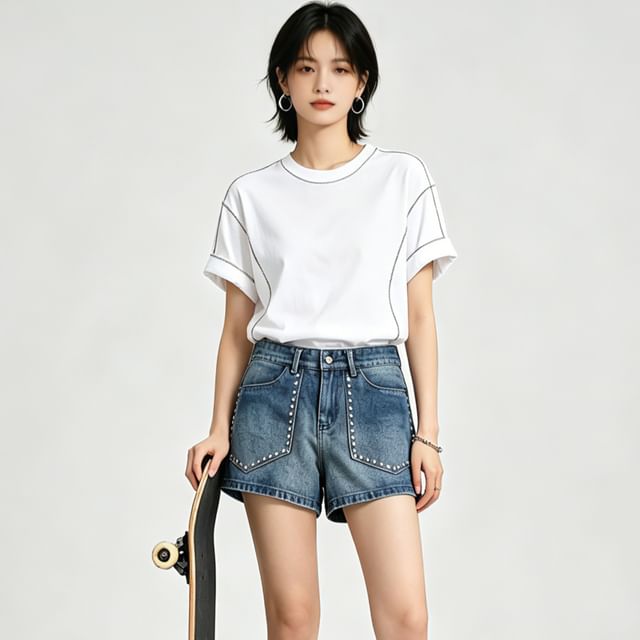 BERAN STUDIO-Low Waist Studded Denim Hot Pants
