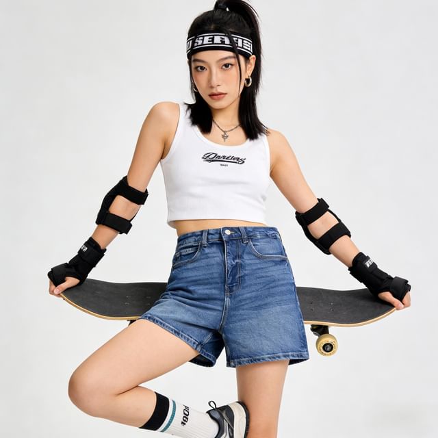 BERAN STUDIO-Mid Waist Washed Denim Shorts