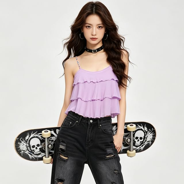 BERAN STUDIO-Plain Tiered Flowy Camisole Top