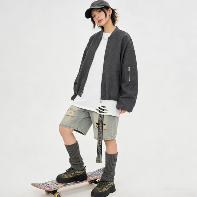 BERAN STUDIO-Plain Zip-Up Bomber Jacket