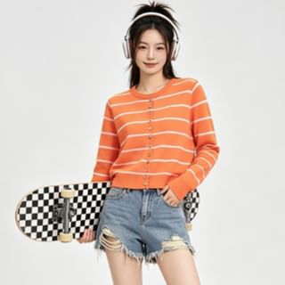 BERAN STUDIO-Round Neck Striped Button Up Cardigan
