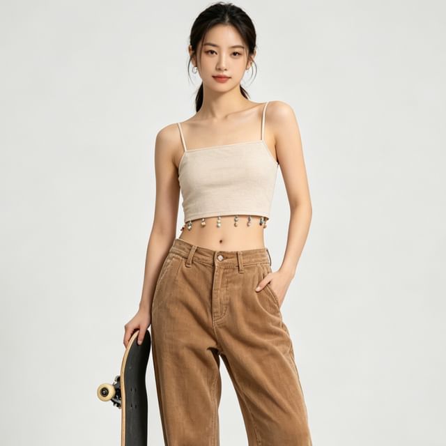 BERAN STUDIO-Sequined Fringed Crop Camisole Top
