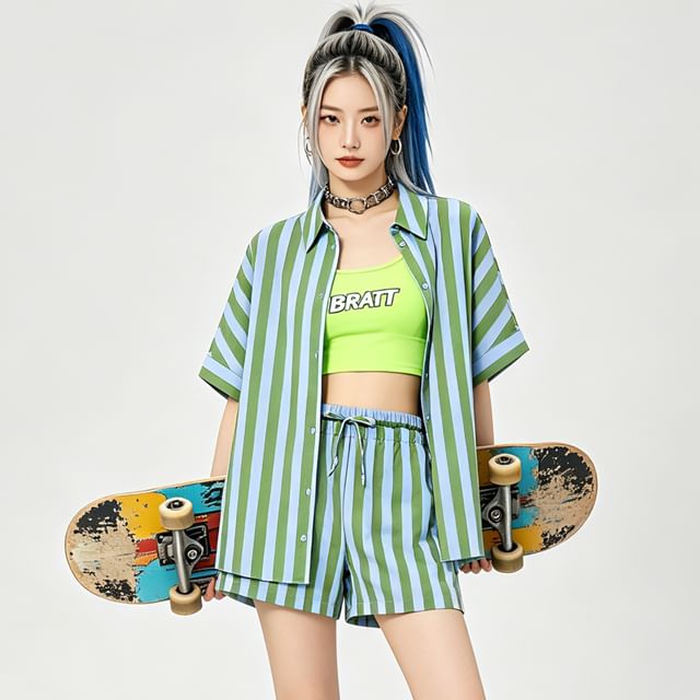 BERAN STUDIO-Short Sleeve Collared Striped Shirt Drawstring Waist Shorts
