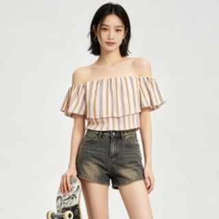BERAN STUDIO-Short-Sleeve Off Shoulder Striped Crop Top