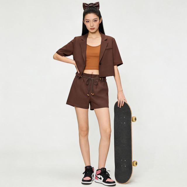 BERAN STUDIO-Short-Sleeve One Buttoned Plain Crop Shirt Shorts