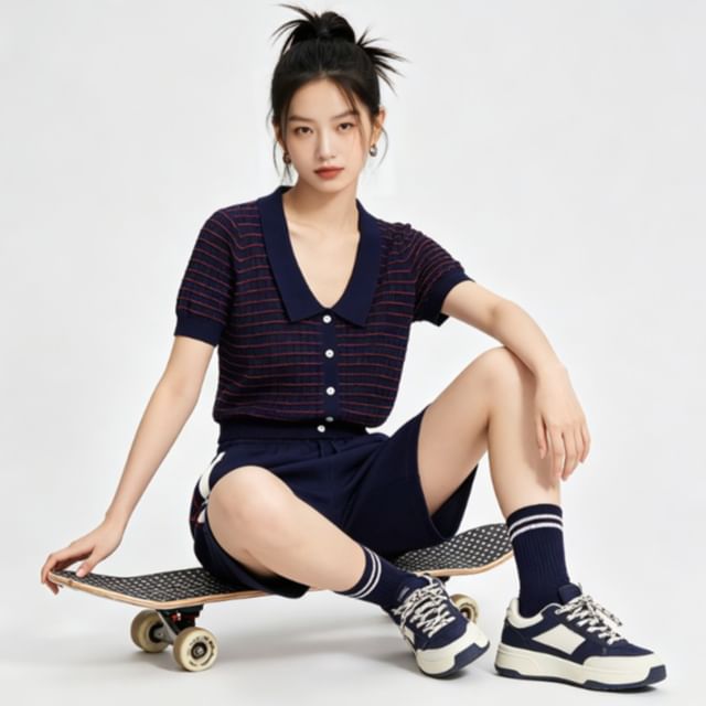 BERAN STUDIO-Short-Sleeve V-Neck Striped Button Up Knit Top