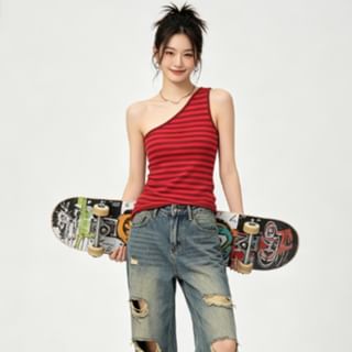 BERAN STUDIO-Single Shoulder Striped Asymmetrical Tank Top