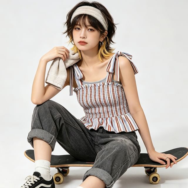 BERAN STUDIO-Sleeveless Striped Smocked Crop Top