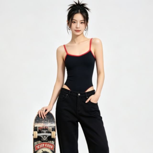 BERAN STUDIO-Spaghetti Strap V-Neck Contrast Trim Bodysuit Top