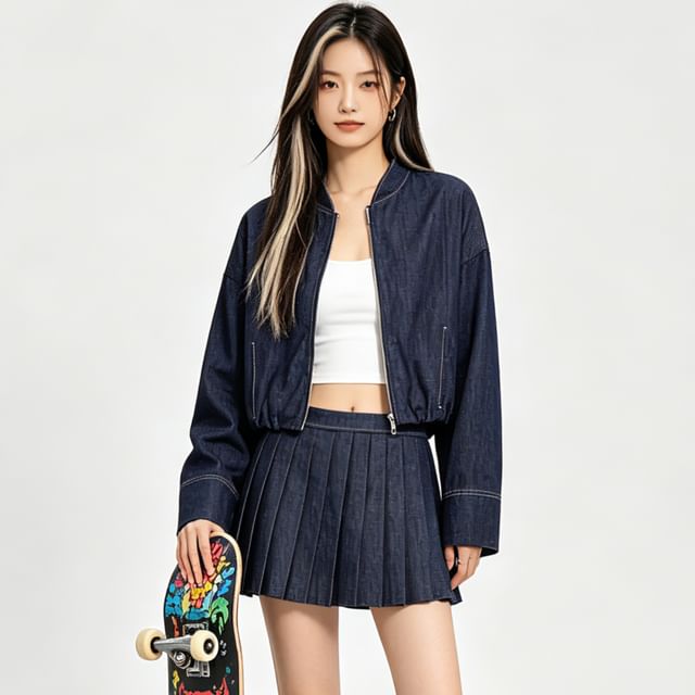 BERAN STUDIO-Stand Collar Contrast Stitched Zip-Up Denim Jacket High Waist Pleated Mini A-Line Skirt
