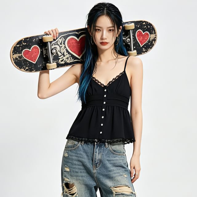 BERAN STUDIO-V-Neck Lace Panel Button-Up Crop Camisole Top