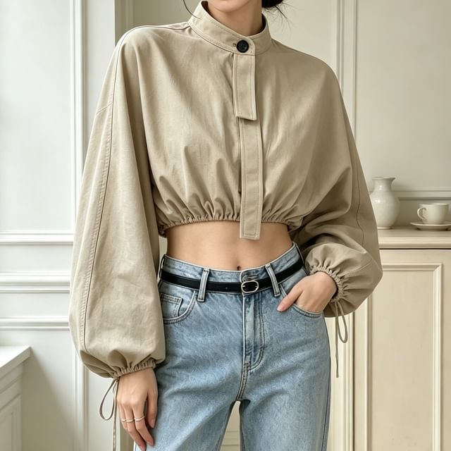 Berrytrix-Balloon Long-Sleeve Mock Neck Button-Up Crop Jacket