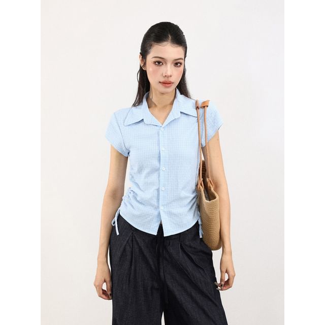 Berrytrix-Cap Sleeve Collared Plaid Drawstring Shirt