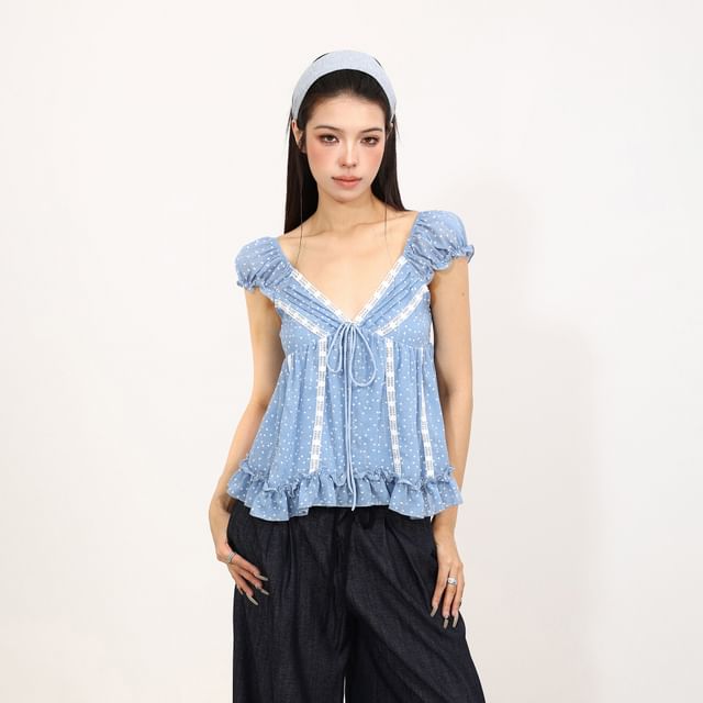 Berrytrix-Cap Sleeve V-Neck Dotted Ruffle Bow Panel Lace Blouse