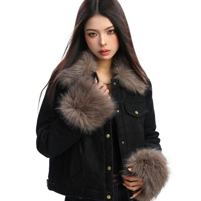 Berrytrix-Collared Fluffy Panel Button-Up Denim Jacket