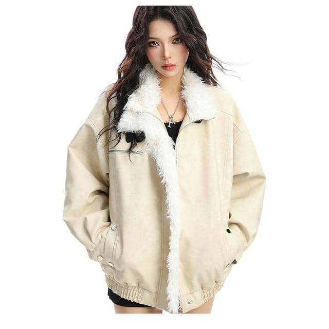 Berrytrix-Collared Fluffy Panel Faux Leather Zip Jacket