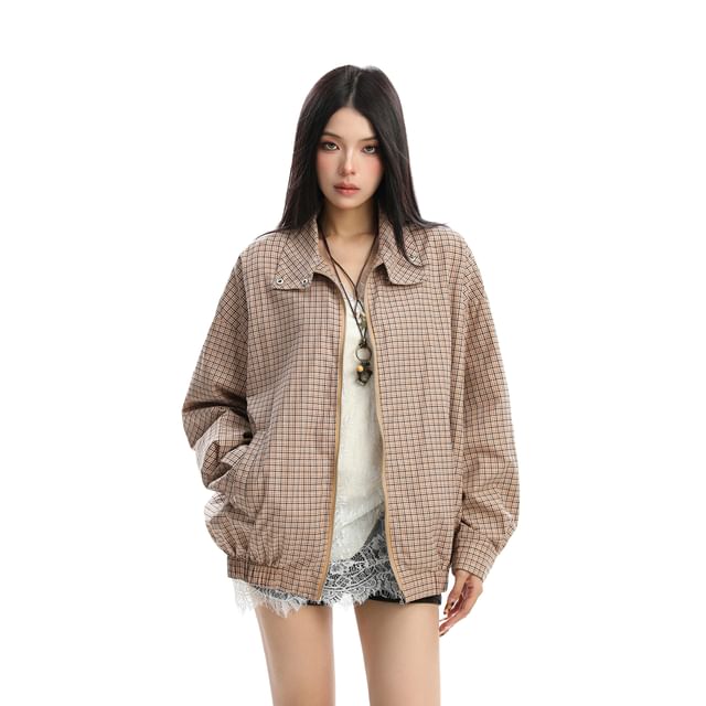 Berrytrix-Collared Plaid Zip-Up Jacket