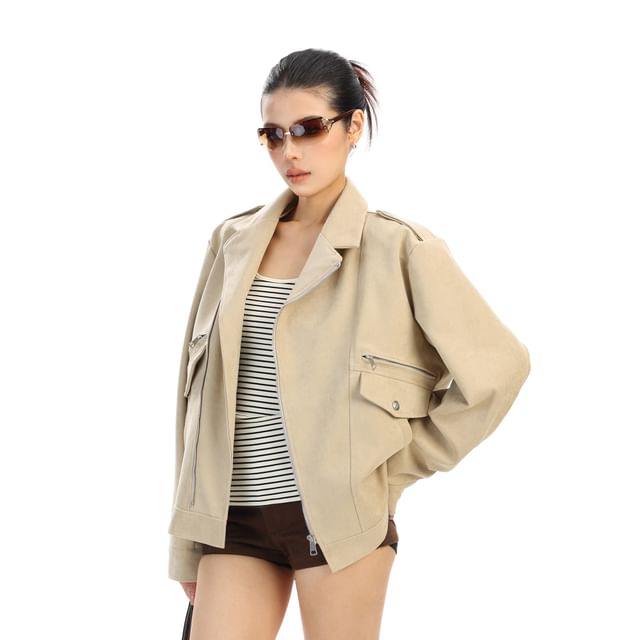 Berrytrix-Collared Plain Faux Suede Zip Biker Jacket