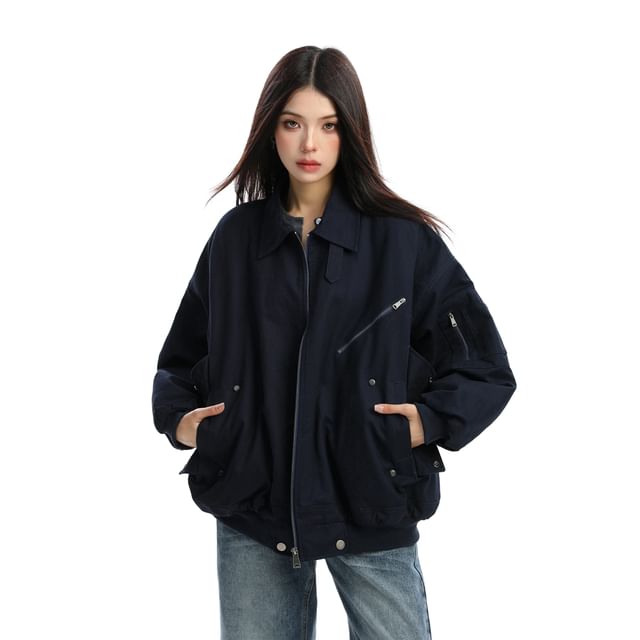 Berrytrix-Collared Plain Zip Bomber Jacket