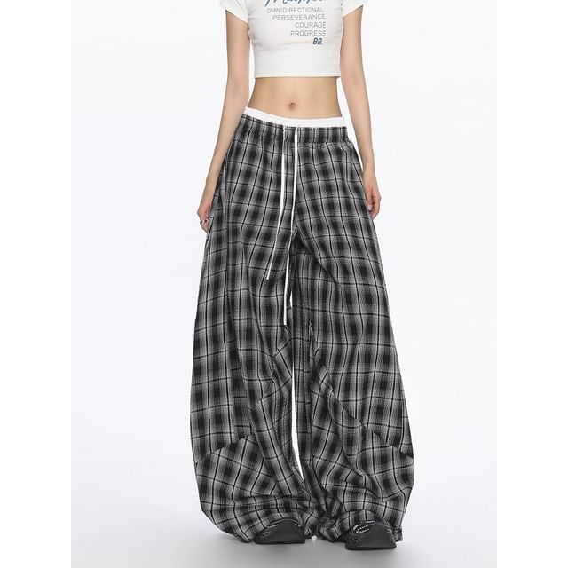 Berrytrix-Drawstring Plaid Baggy Pants