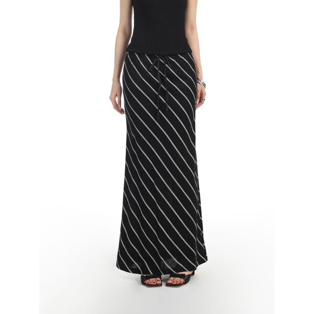 Berrytrix-Drawstring Waist Diagonal Striped Maxi A-Line Skirt