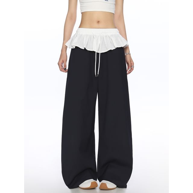 Berrytrix-Drawstring Waist Ruffle Baggy Pants