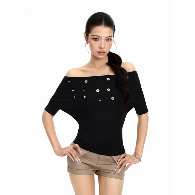 Berrytrix-Elbow Sleeve Off Shoulder Plain Button Embellished Top