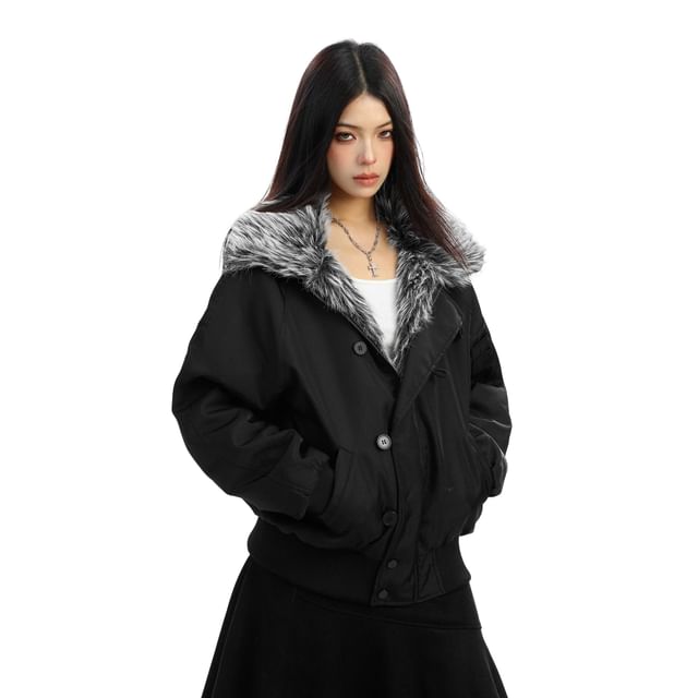 Berrytrix-Faux Fur Collar Button Puffer Jacket