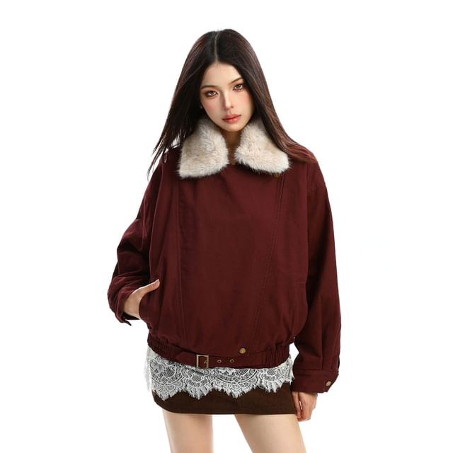 Berrytrix-Faux Fur Collar Zip Puffer Jacket