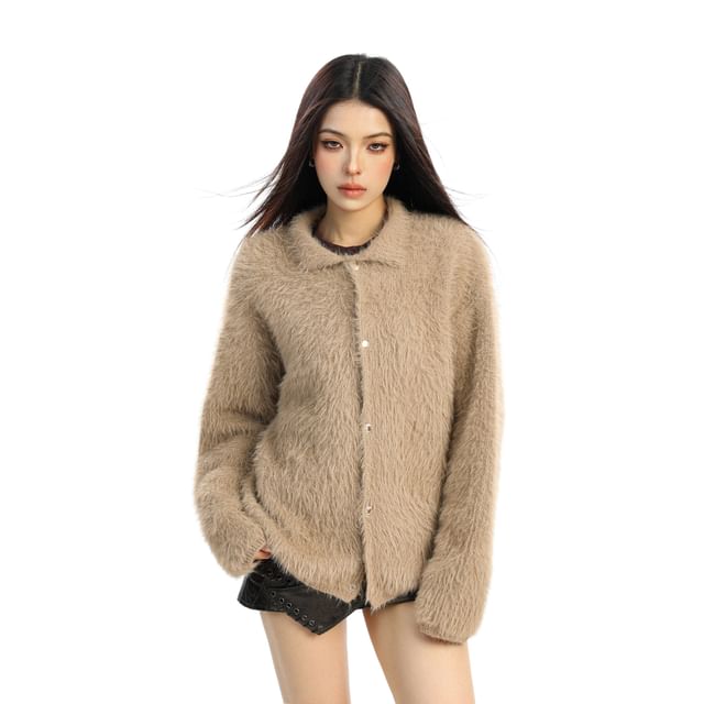 Berrytrix-Faux Fur Collared Button-Up Cardigan