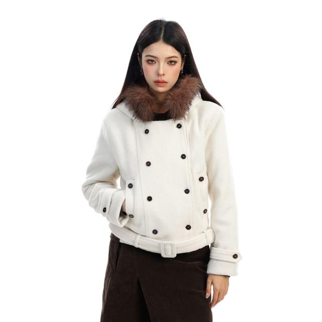 Berrytrix-Faux Fur Trim Double Breasted Jacket