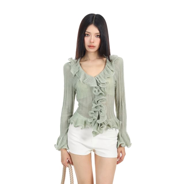 Berrytrix-Flared-Sleeve V-Neck Plain Ruffle Ribbed Knit Top