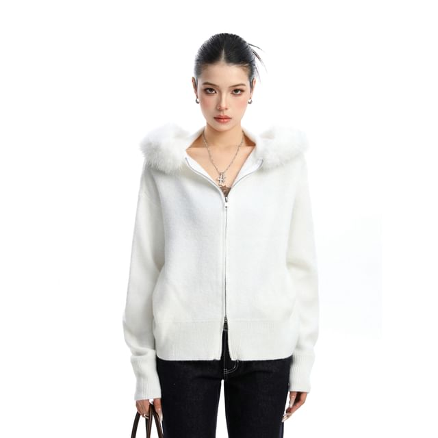Berrytrix-Fluffy Hooded Plain Zip Cardigan